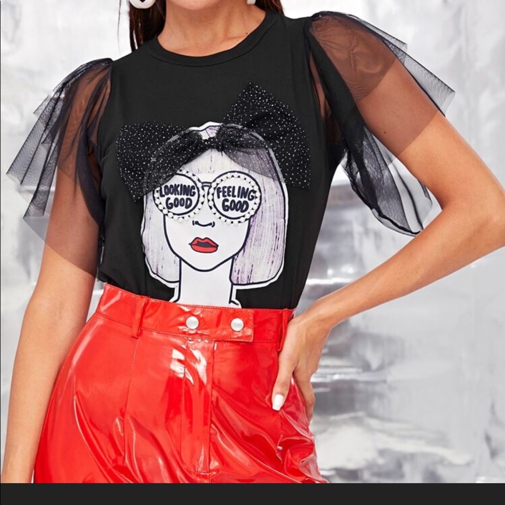 Adorable mesh sleeves top